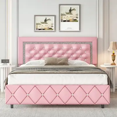 [Summerwins] HOMBCK Diamond Bed Frame, No Mattress, Comfortable and Adjustable Headboard, Luxury Leather, Modern, Sturdy, No Box Spring Needed, Easy Assembly #summer garden,fathers day gift ideas