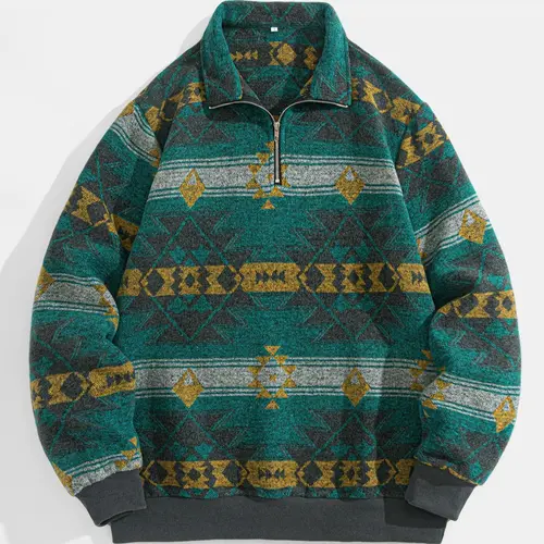 【Black Friday】Men's Ethnic Pattern Half Zip Up Mock Neck Pullover, Loose Casual Long Sleeve Zip Front Pullover for Winter, Men's Clothes for Daily Wear