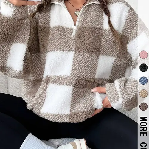 【Black Friday】Women's Plaid Half-Zip Drop-Shoulder Fleece Sweatshirt, Casual Long-Sleeve Stand-Collar Pullover for Daily Wear & Spring and Fall