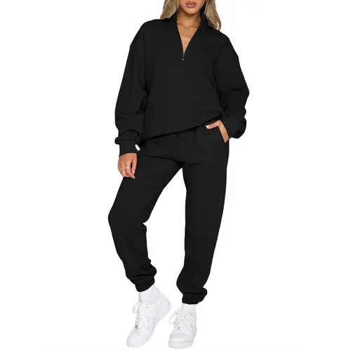 Aleumdr Women's Casual 2-Pcs Cotton Athleisure Sweatsuit - Long Sleeve Quarter-Zip Top for Fast Airflow Adjustment, Fleece-Lined High-Waisted Drawstring Joggers with Pockets, Ideal for Couch-to-Coffee OOTD (2 pcs set, casual women's set)