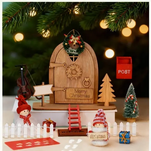 22-Pcs Classic/Brown Wooden Fairy Door Wall Mount Kit - New DIY (Brown Door Set), Collectible Home Decor, Decorative Ornament, Home Accessory, Christmas Indoor Decorations for Kids Bedroom Elf Play DIY with Door+Mat+Boots