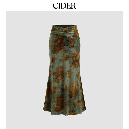 Cider [3 colors, size 2-10] Mid Rise Floral Ruched Maxi Skirt