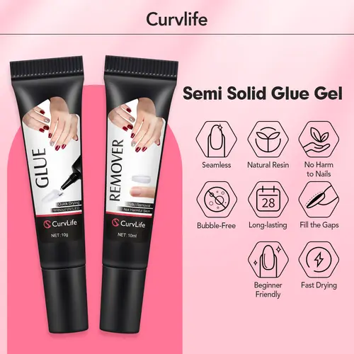 NailGlue Pro Kit – Super Strong 10g Quick-Drying Semi-Solid Nail Tip Glue with 10ml Remover for Press-On Nails and Acrylic Tips, Long-Lasting Adhesive Gel for Salon-Quality Nail Kits, No UV Lamp Needed, Easy Application for Home or Salon Use