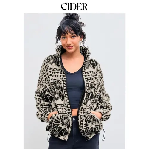 Cider Fleece Stand Collar Abstract Drawstring Oversized Jacket