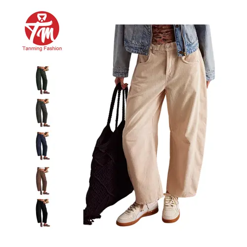 Tanming Womens High Waisted Corduroy Pants Wide Leg Barrel Loose Botton Closure Trousers with Pockets Casual Fall Winter Work School Vacation Loungewear Outfits Clothing