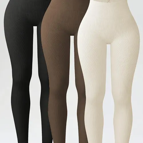 【Black Friday】Women’s 3-Pack Solid High-Waisted Workout Leggings, Comfortable Breathable Ribbed Slim-Fit Pants for Yoga, Gym Workouts, and Year-Round Wear