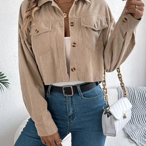 Women's Solid Color Fitted Crop Corduroy Collared Jacket Coats, Basic Casual Long Sleeve Pocket Button Cropped Outerwear for Spring & Fall, Ladies Clothes for Daily Wear