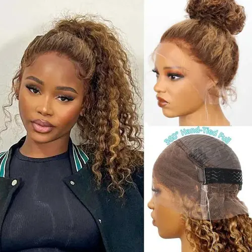 Ashimary Virgin Human Hair Lace Front Wig for Female Wear, Invisi-Strap 360 Skin Lace, P4/27 Highlight Ombre Chocolate Brown, Glueless Pre-Plucked Water Wave, Breathable Flexible Silky