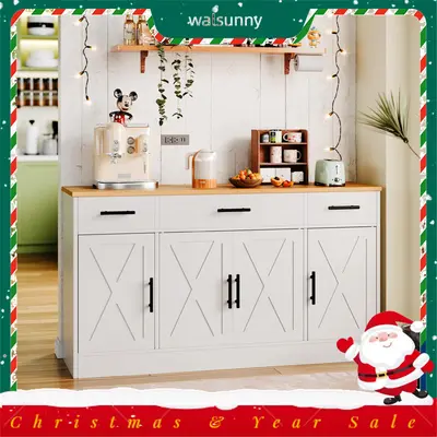 Walsunny Kitchen Buffet Sideboard Cabinet with 4 Doors and 3 Drawers, Entryway Adjustable Storage Shelf, Farmhouse Coffee Bar Cabinet for Kitchen, White