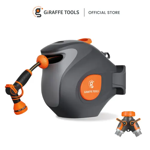 Giraffe Tools Retractable Garden Hose Reel 100FT Garden Water Hose Reel, Automatic Rewind System, 3-layer-hybrid hose, Lock at any lenghth Tangle-Free Kink-Free, 9-Pattern Nozzle, 180° Swivel Bracket Wall-Mounted