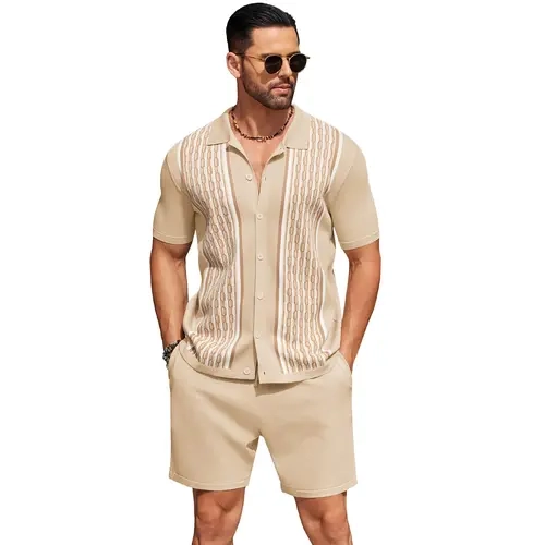 COOFANDY Men's 2 Piece Outfit Vintage Short Sleeve Button Down Knit Polo Shirts Casual Beach Shorts Sets