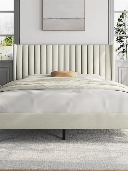 Yaheetech Linen Fabric /Velvet Upholstered Bed Frame Full/Queen/King with Wooden Slat Support, No Box Spring Needed, Durable Construction, Easy Assembly Furniture Bedroom Beige Headboard, Modern Platform Bed, Upholstered Headboard
