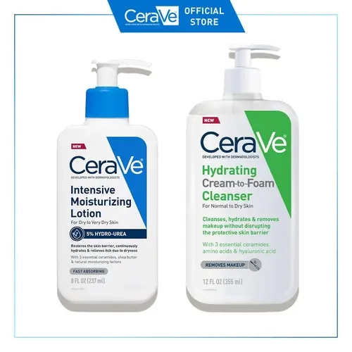 CeraVe Makeup Lover Skincare Duo: CeraVe Hydrating Cream-to-Foam Cleanser (Normal to Dry Skin + Removes Makeup) & NEW CeraVe Intensive Moisturizing Lotion (Dry to Very Dry Skin + 5% Hydro-Urea)