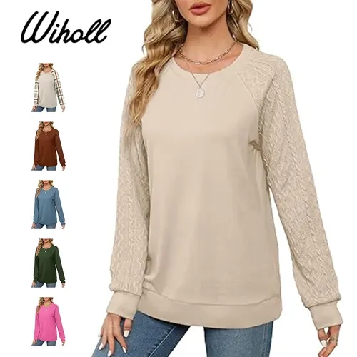 WIHOLL Women's Chunky Crewneck Cable Knit Long Sleeve Sweatshirt - 2025 Lightweight Korean Casual Slimming Soft Arm-Friendly Pullover, Fashion Knitwear Top, Compatible with Jeans for Women, Leggings, Belt, Bike Outfits