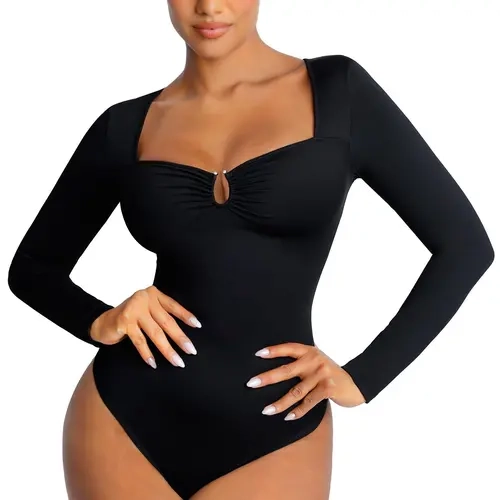 FeelinGirl Body Suits for Womens Long Sleeve Thong Shapewear Bodysuit Sweetheart  V Neck Top Shirt Black/White Fabric Nylon