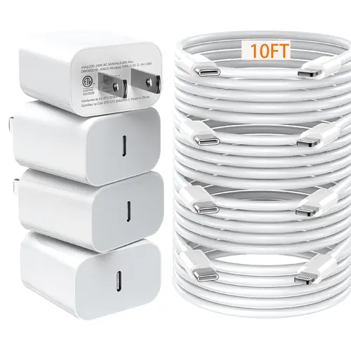 GQOHRT 4-Pack 20W MFi Certified USB-C to Lightning USB Fast Charging Chargers with US Plug, 10ft Cables - 3x Faster Charging, 20W Power Phone Accessories for iPhone 14/13/12/11/XS Series