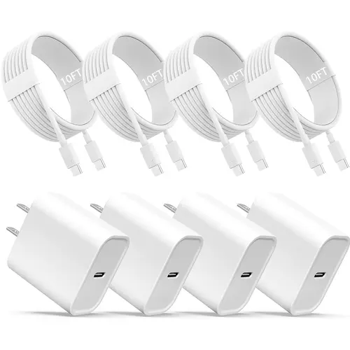 GQOHRT 4-Pack US Plug Fast USB C Charging Chargers with 6ft-10ft Type C Cables (4 Pack-6ft), 100v-240v, Multi-Device Charging Solutions for iPhone 18/17/16/15 Series, iPad Pro, AirPods, Samsung Phones, Electronic Devices - Travel Accessory