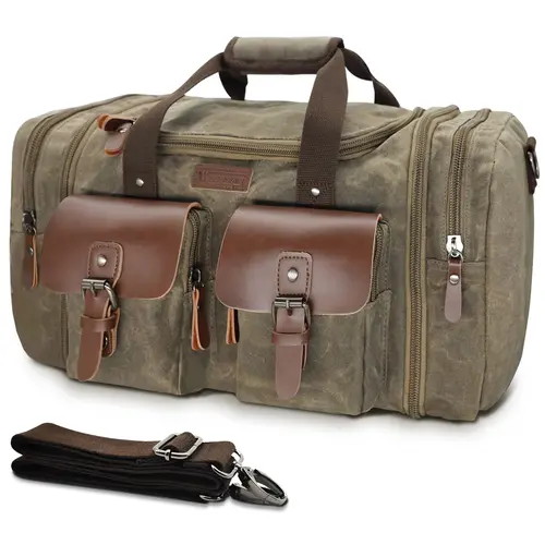 Vintage Waxed Canvas Duffle Bag for Men, Large 50L-60L Waterproof Weekender with Leather Trim, Expandable Carry-On for Travel, Father's Day Gift, Fathers Day Gift Ideas, Dad Gift