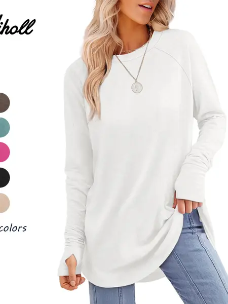 WIHOLL Womens Tunic Tops to Wear with Leggings Long Sleeve Thumb Hole Shirts Crew Neck Curved Hem