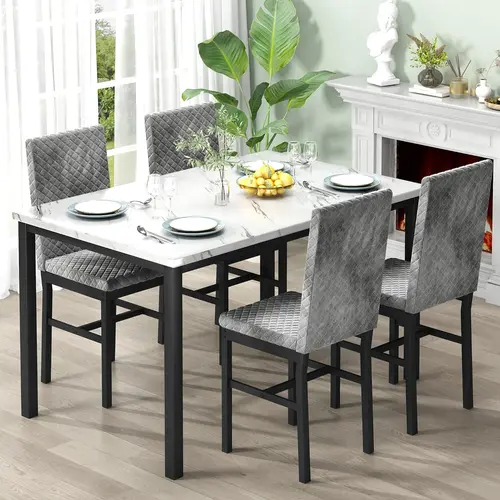Recaceik Faux Marble Indoor Dining Table Set of 4 - 47.24"x27.5" Table, 4 Upholstered Velvet 35.82" Height Modern Ergonomic Chairs, Home Dining Room Furniture Outdoorfun