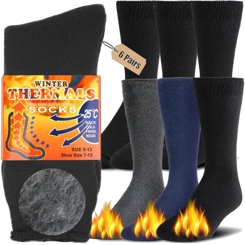 Men's Cotton Thermal Athletic Crew Socks - Classic Crew Length, Calf High, 3 Pairs or 6 Pairs for Cold Weather Outdoor Activities, Outdoor Work, Hiking - Menswear & Underwear, Men's Socks
