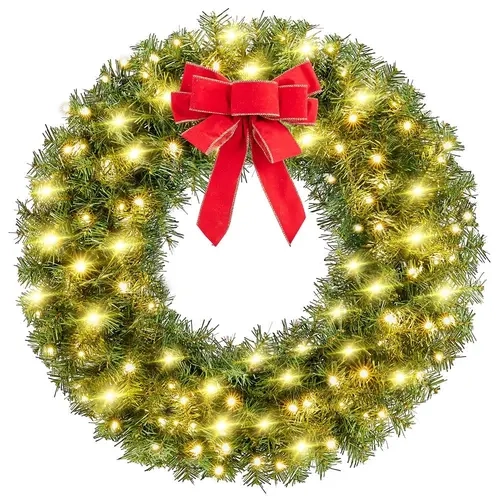【LED Lights with Bow】Yaheetech 24/30/48/60in Pre-Lit PVC Plastic Artificial Fir Christmas Wreath, 48in/60in Festive Lighted Wreath with LED Lights & Red Bowknot, Decorative Holiday Decorations for Door, Mantel