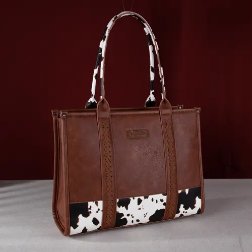 Wrangler Cow Print Tote Bag for Women Western Collection Top Handle Handbags with Whipstitch Details & Zippered Pockets Trendy Commuter Bag
