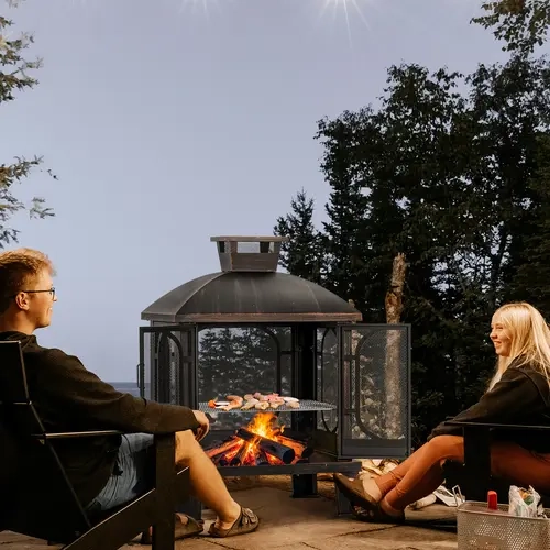 Outvue Vintage Golden Coat Iron Square Chiminea Fire Pit - Heavy-Duty Frame Patio Fireplace with Safety Mesh Spark Screen, Grill, Fire Poker, Roomy Wood-Burn Design, Effortless Quick Assembly for Garden BBQ, Family Gatherings
