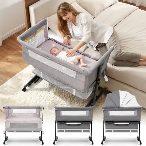 Baby Bassinet, Baby Basinet Bedside Sleeper, Easy to Fold Portable Crib Side Bassinet 2026new Style Girl/boy bassinets (Dark Gray) bedside bassinet Adjustable Height Convenient Storage Fall Deals For You