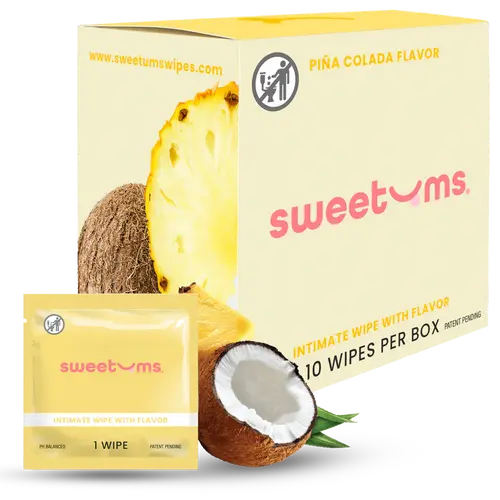 Piña Colada Flavored Wipes individually wrapped feminine hygience products, personal wipes for sensitive skin, dermatologist and gynecologist tested pineapple and coconut scented and flaored pH balanced