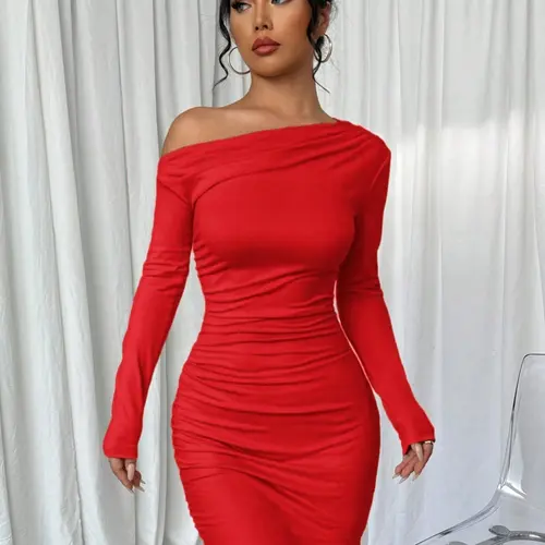 Women's Elegant Slim-Fit One-Shoulder Moderate Fabric Plain Dress for Spring & Fall, Club Party Wear, Elegant Evening Dress