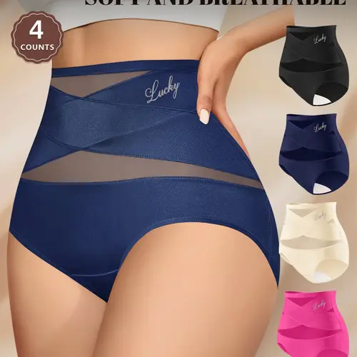 MEIYATING Women's High Waist Mesh Thong Panties, 4 Pcs Set, Soft Breathable, Comfortable, Fit, Everyday, Sizes XS-Xxxxxl, Multiple Colors