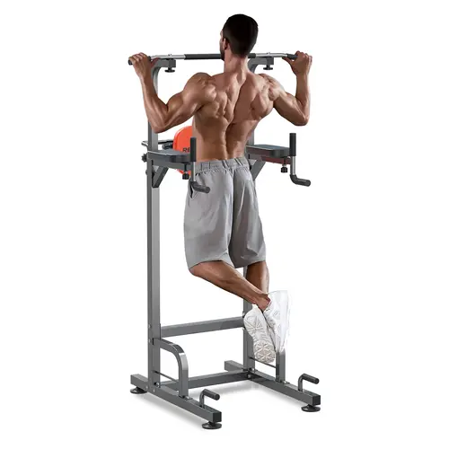RELIFE Unisex Adjustable Height Home Workout Equipment - 400lbs Load Sturdy Power Tower Pull Up Bar Station, Lock Nut Safe Design, Thick Foam Handles, 7-9.6in Backrest, Dips & Pull-Ups Full Body Calisthenics Trainer, Family Size At-Home Gym