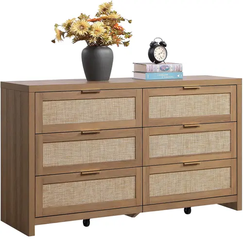 SICOTAS Rattan Mesh 6-Drawer Dresser - Engineered Wood Apartment Furniture with Gold-Handle Charm, Steel-Slide Rattan Mesh Drawers, 17.7"d x 56.9"w x 31.3"h Sturdy Ample Storage Unit, 25+ T-Shirts Per Capacity, Easy-Install Bedroom Dresser & TV Stand
