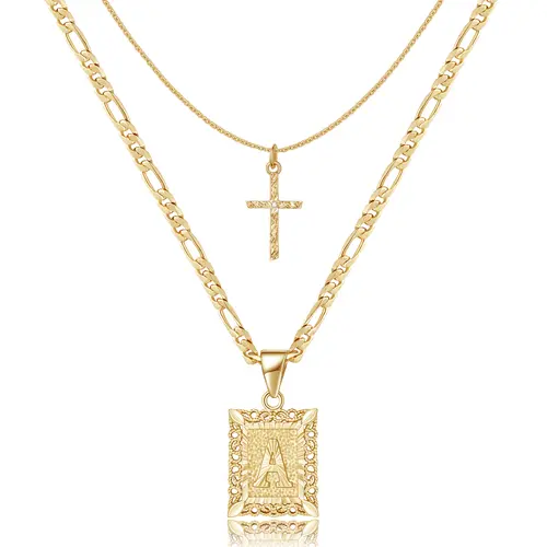 KissYan Women's Casual 14K Gold Plated Layered Initial Cross Necklace - Square Capital Letter Pendant, Figaro Chain Choker (A-Z), Ideal Mom Gifts, Anniversary Gifts for Her