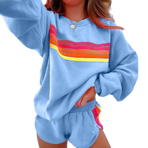 Mntaor Women's 2-Piece Comfy Striped Crew Neck Long Sleeve Pullover & Shorts Loose Fit Cotton Pajama Set, Family Matching Homewear with Polyester Accents for Game Day Winter Lounging