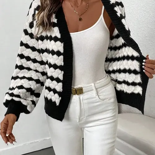 Women's Striped Print Open Front Cardigan for Daily Wear, Casual Long Sleeve Knitted Cardigan for Fall & Winter, Knit Cardigan Sweaters