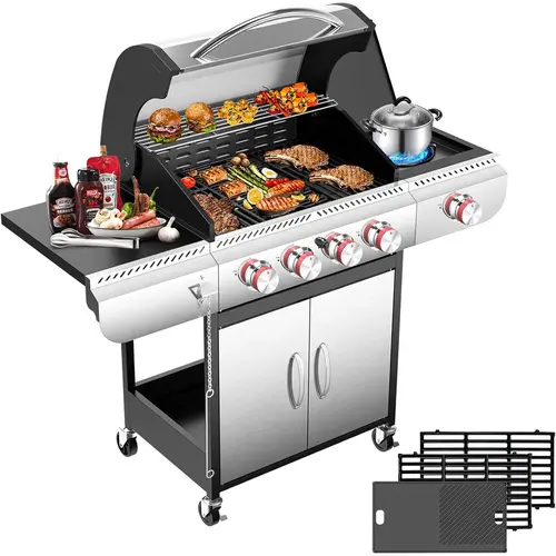 R.W.FLAME Rectangular 4-Burner Stainless Steel Smokeless Propane Gas Griddle+Grill Combo Single Unit, 42000 BTU, 573 sq.in., Cast Iron Porcelain-Enameled Grates & Flame Tamers, Rust-Resistant, Temperature Control, Side Burner for Outdoor Patio Cooking