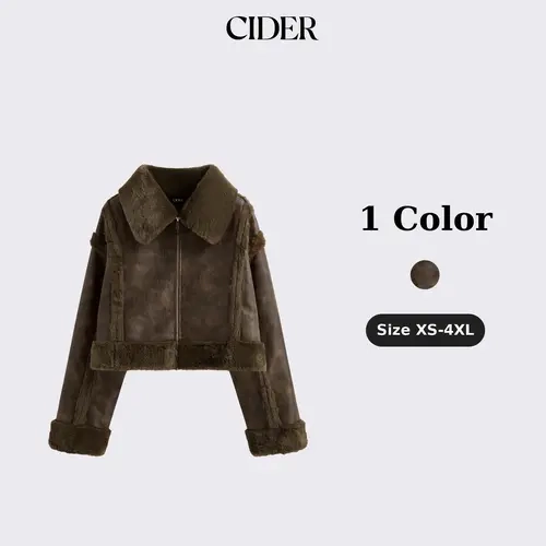 Cider Faux Shearling Collar Solid Zipper Jacket
