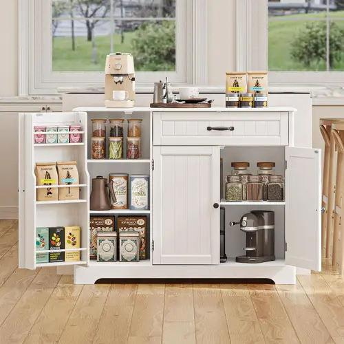 GIZOON White Freestanding Wood Cupboard - Freestanding Cupboard for Kitchen Dining Room, Storage Organization with Drawers, Short Pantry Door, 3 Canned Goods Shelves, Bottom Milk & Nuts Storage, Assembly Required, Anti-Toppling Kits (35 Labeled Parts)