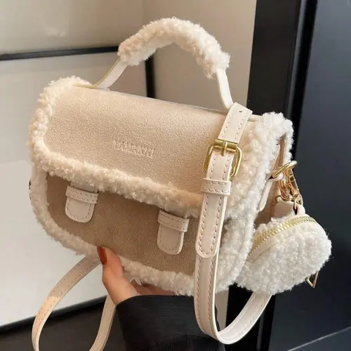 Fall&Winter Women's fluffy suede handbag, casual versatile solid color shoulder bag with coin purse, fashionable and high-quality daily commuter bag, fashion bag