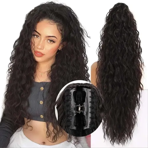 AISI HAIR 26-30 Inch Long Wavy Heat Resistant Synthetic Clip-in Hair Extensions for Female, Comfortable Secure Ponytail Hairpiece, Easy-Wear High-Quality Extensions Perfect for Casual & Formal Looks