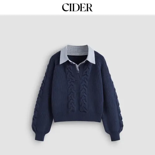 Cider Cable Knit Collar Two Tone Long Sleeve Top