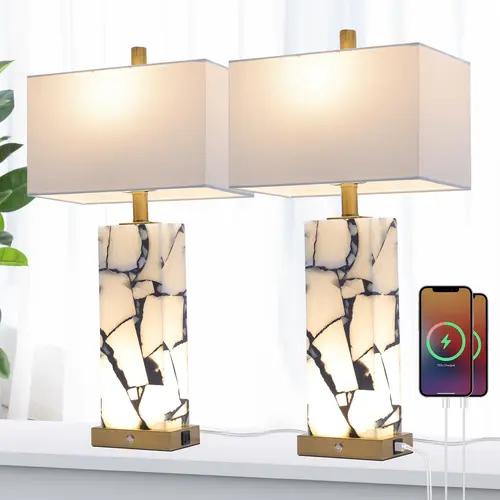 VALLERICO Alabaster Modern Natural Marble Lamp - Dual Independent Control Lights, 3 CCT LED Bulbs, USB Charging Ports, E26 Base, 9W 800 lm, Adjustable AC Power Supply, Bedroom-Ready Soft Home Decor for Bedroom, Living Room,Black Friday