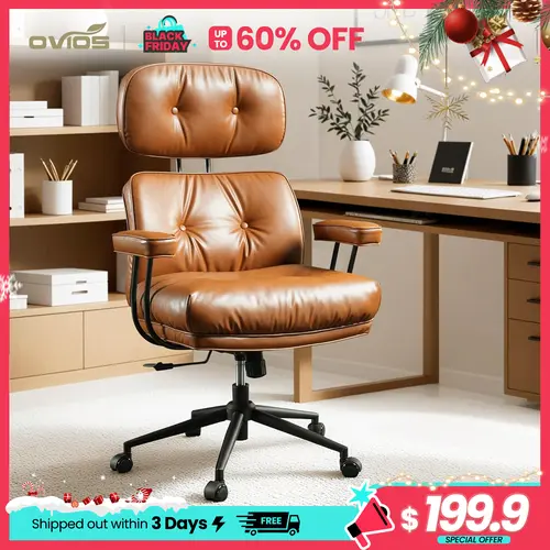 Ovios Oversized Home Office Chair, Extra-Wide Seat, Built for Big & Tall Comfort, Mid-Century Modern Faux Leather Chairs with Thickened Cushions, Comfy High Back Swivel Rolling Executive Computer Armchair