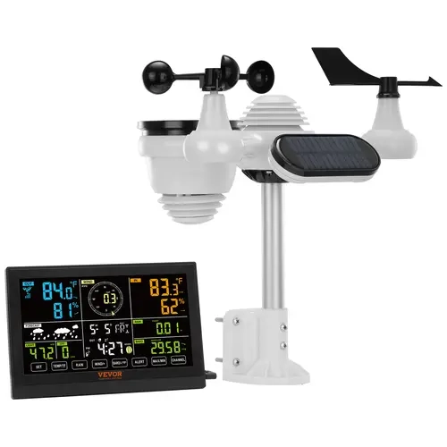 【Fallpicks】VEVOR 7-in-1 Digital Wireless Indoor Weather System, 7.5" Large Screen LCD Thermometer with 3 Dimming Levels, Solar-Powered IPX6 Waterproof Aluminum Unit for Temp, Humidity, Wind, Rain, UV, Forecast, Alerts (Ideal for Courtyard Gardens, Farms)