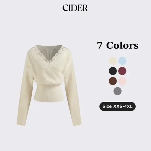 Cider Knit V-neck Solid Lace Trim Wrap Long Sleeve Top