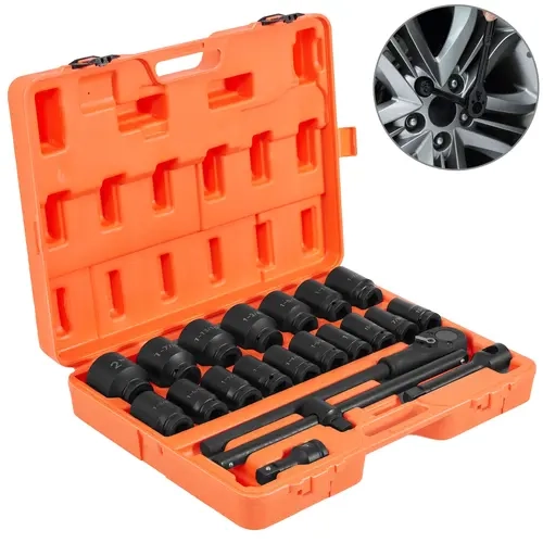 VEVOR 3/4 in Drive 22-Piece Deep Impact Socket Mechanic Tool Set, Alloy Steel, 17 Sizes 13/16–2 in SAE, 6pt Nut Contact, Compact Portable, Ratchet Handle, Adapters for Trucks/RVs Heavy-Duty Vehicles, Flat Wheel Nut Grips