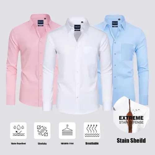 3-Pack Alimens&Gentle Men's Stain Sheild Business Casual Dress Shirts - Slim Fit Long Sleeve Button Down Shirt Tops