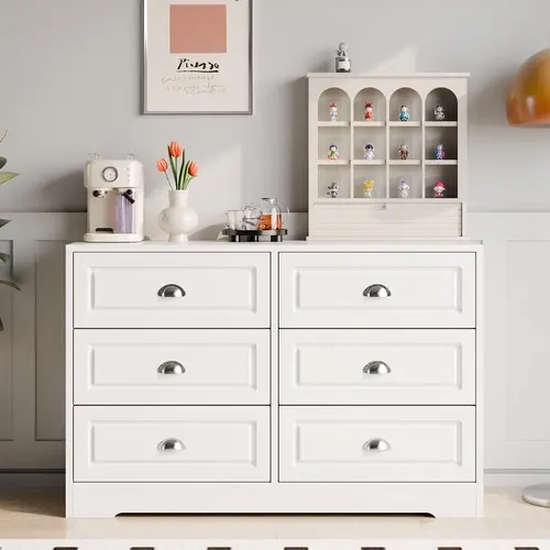 Walsunny Farmhouse Dresser for Bedroom with 6 Drawers, Farmhouse Wood Storage Cabinet Clothes Organizer Furniture for Living Room, Entryway, White Pantry